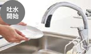 吐水口の下に洗い物を差し入れるとセンサーが感知して、自動的に吐水します。
