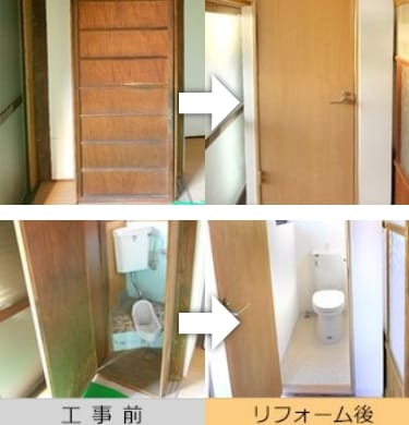 ドアの交換：トイレの間取りを広く+洋式ドアに交換