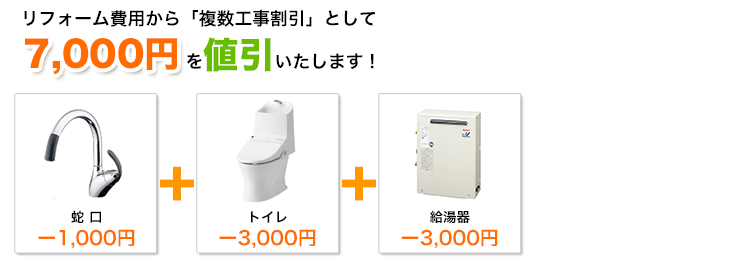 蛇口とトイレと給湯器の工事割引額イメージ