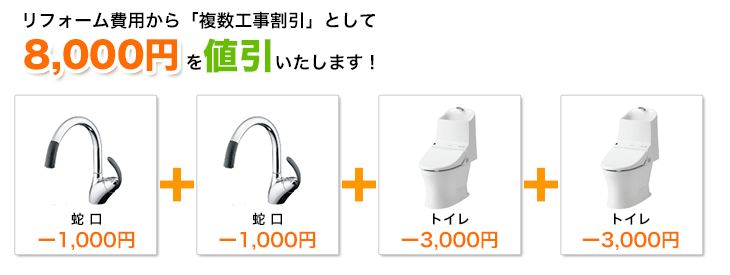 蛇口と蛇口とトイレとトイレの工事割引額イメージ